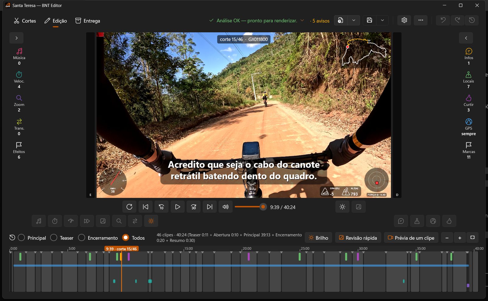 Edição com um texto de informação no terço inferior do vídeo e a timeline com as marcas coloridas